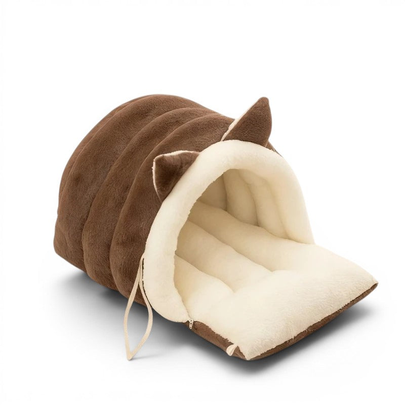 Nid douillet pour chat Esprit Chat en fibre marron et beige avec oreilles mignonnes, design respirant et confortable