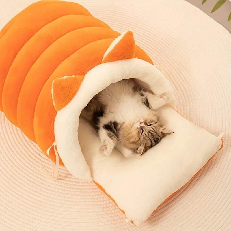 Nid douillet Esprit Chat orange en forme de tunnel avec intérieur en peluche douce pour chat qui dort
