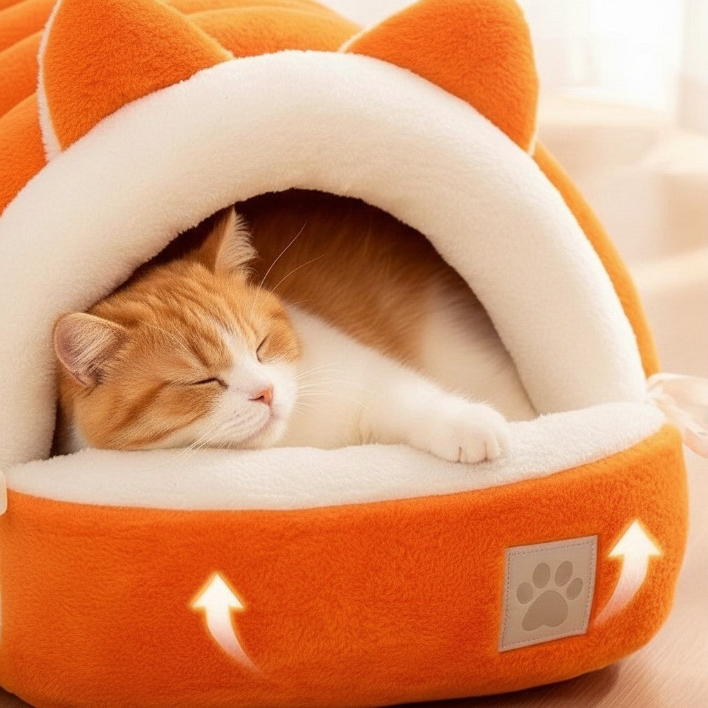 Chat roux dormant dans un nid douillet Esprit Chat orange en fibre respirante avec oreilles de chat