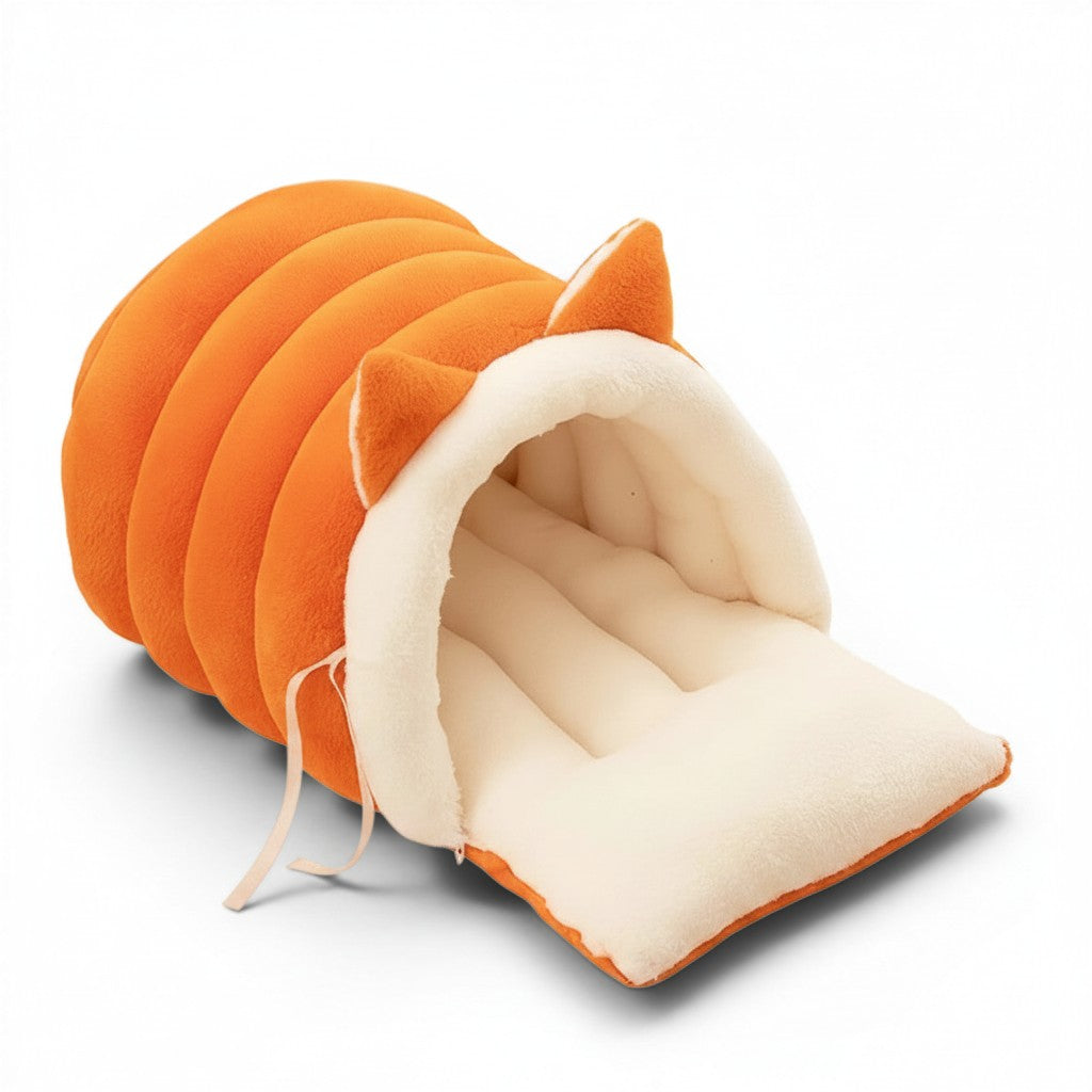 Nid douillet pour chat Esprit Chat en forme de renard orange et blanc, en fibre douce et respirante