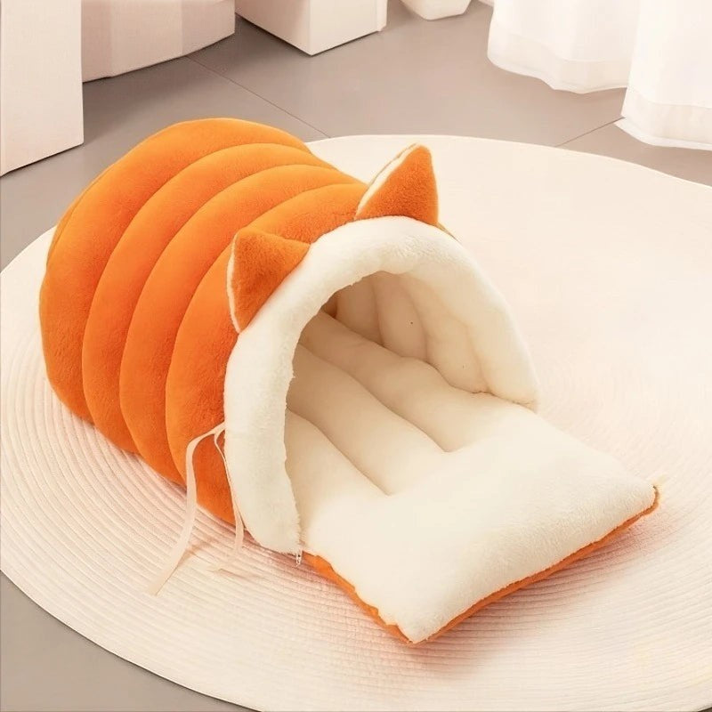 Nid douillet pour chat Esprit Chat en forme de tunnel orange et blanc, en fibre douce et respirante