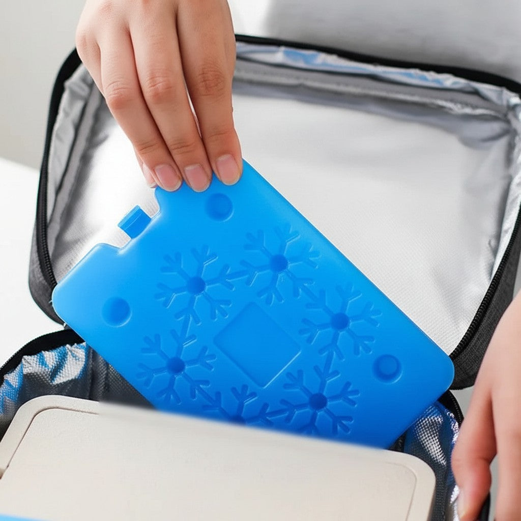 Pain de glace bleu Esprit Chat en PVC avec motifs de flocons de neige, inséré dans un sac isotherme pour repas