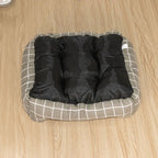 Grand panier Esprit Chat carré à carreaux gris et coussin central noir, lavable en machine pour animaux