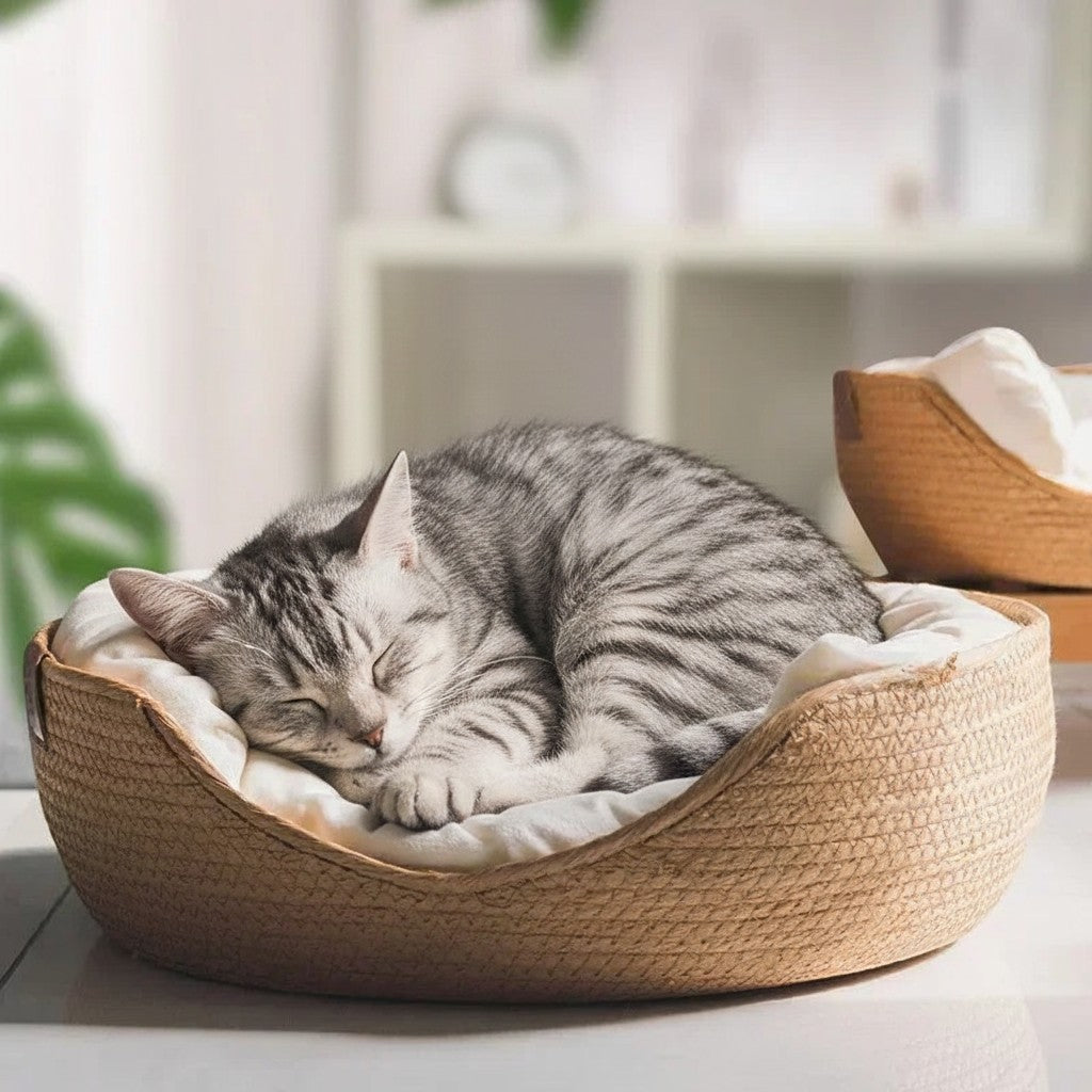 Panier rond tressé en bambou naturel pour chat, avec coussin blanc doux, par Esprit Chat