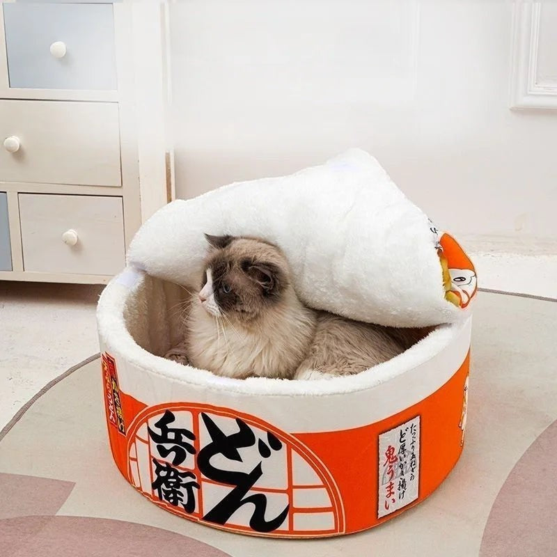 Panier pour chat Esprit Chat en coton en forme de bol de nouilles japonais avec un chat Ragdoll à l'intérieur