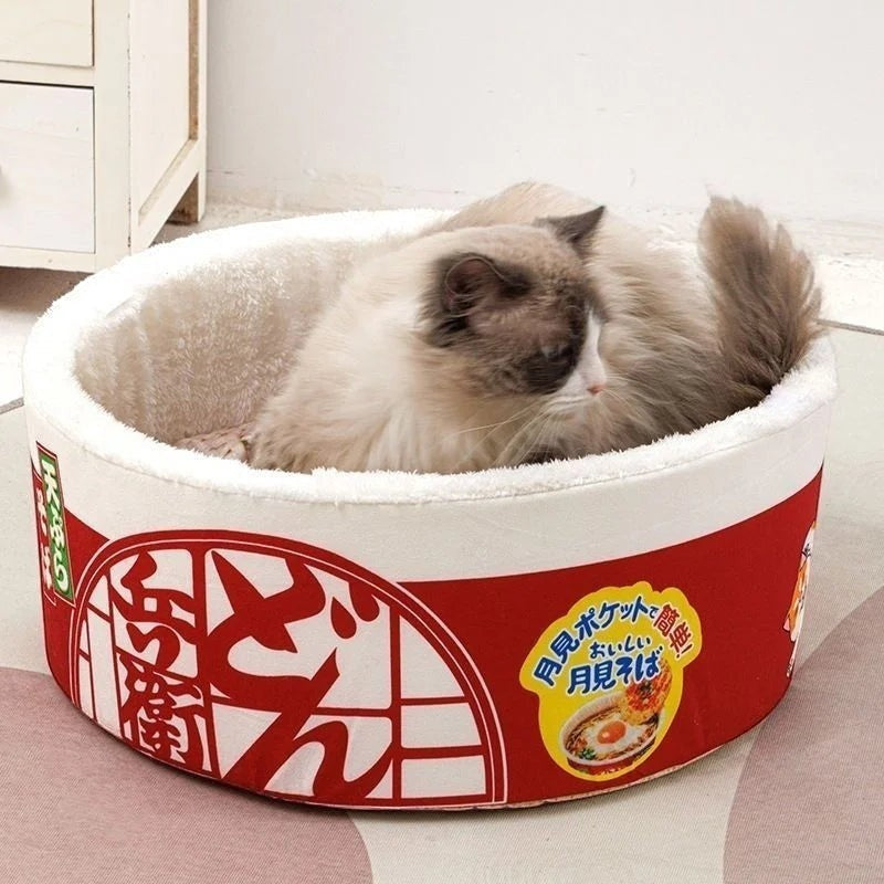 Panier pour chat Esprit Chat en forme de bol de nouilles japonais avec intérieur en coton doux et confortable