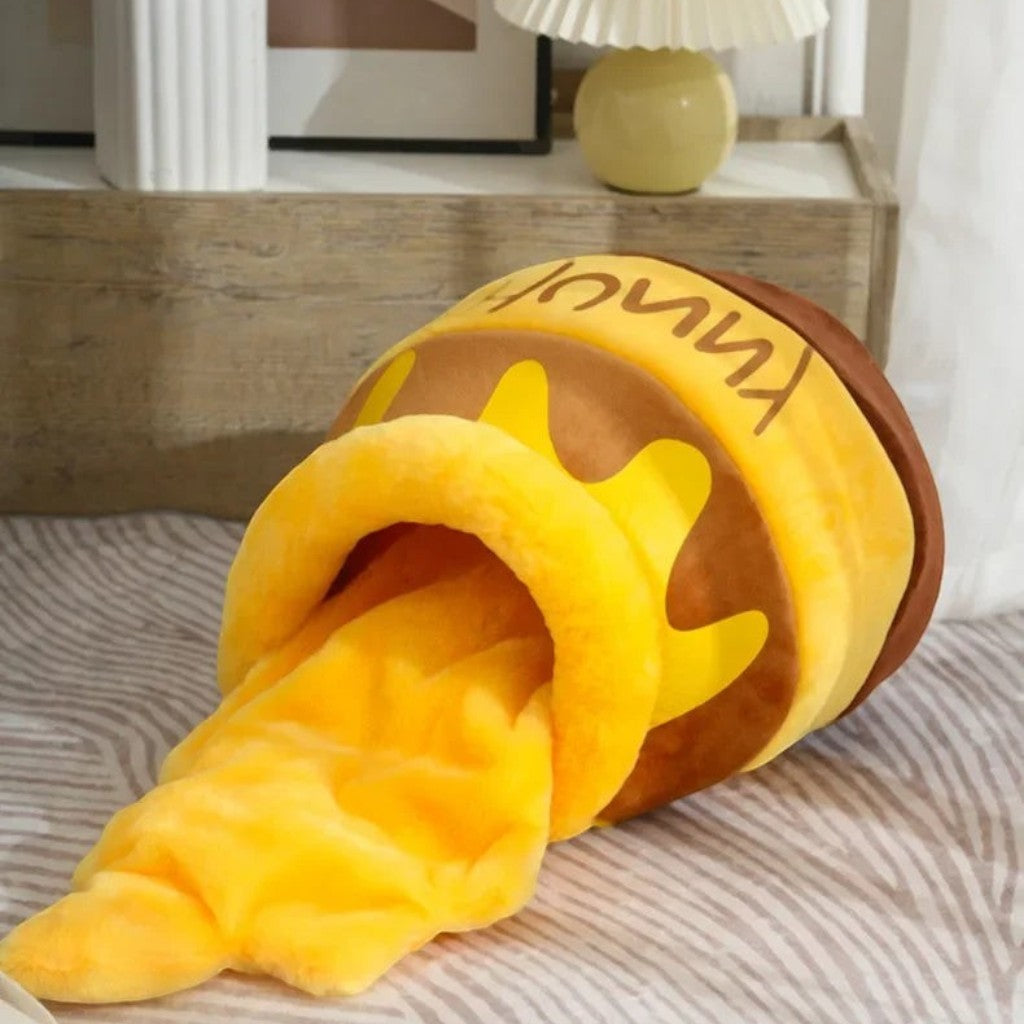 Panier fermé pour chat Esprit Chat en forme de pot de miel en tissu doux jaune et marron pour un confort douillet