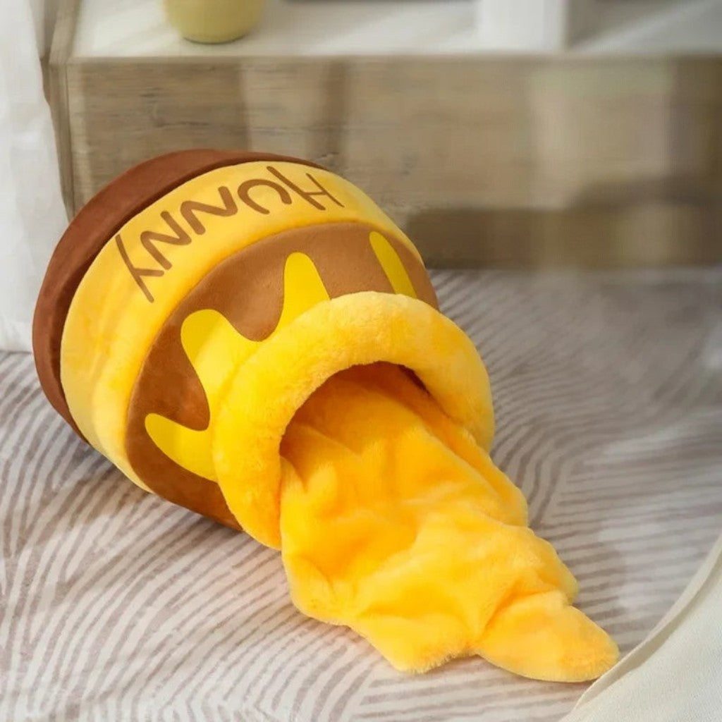 Panier fermé pour chat Esprit Chat en forme de pot de miel en peluche douce jaune et marron avec inscription Hunny