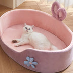 Panier pour chat Esprit Chat rose en tissu doux avec oreilles de lapin et décoration florale, chat blanc allongé