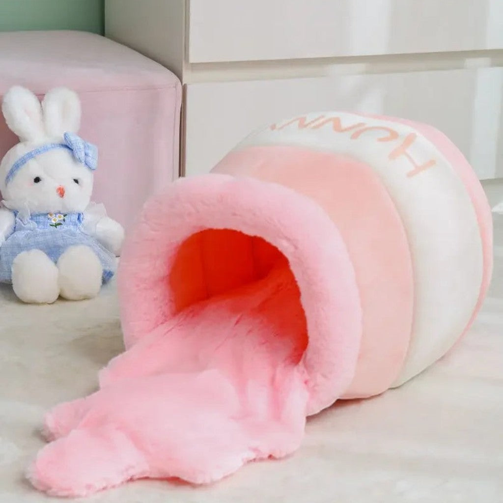Panier fermé pour chat Esprit Chat en forme de pot de miel rose et blanc en tissu doux et confortable