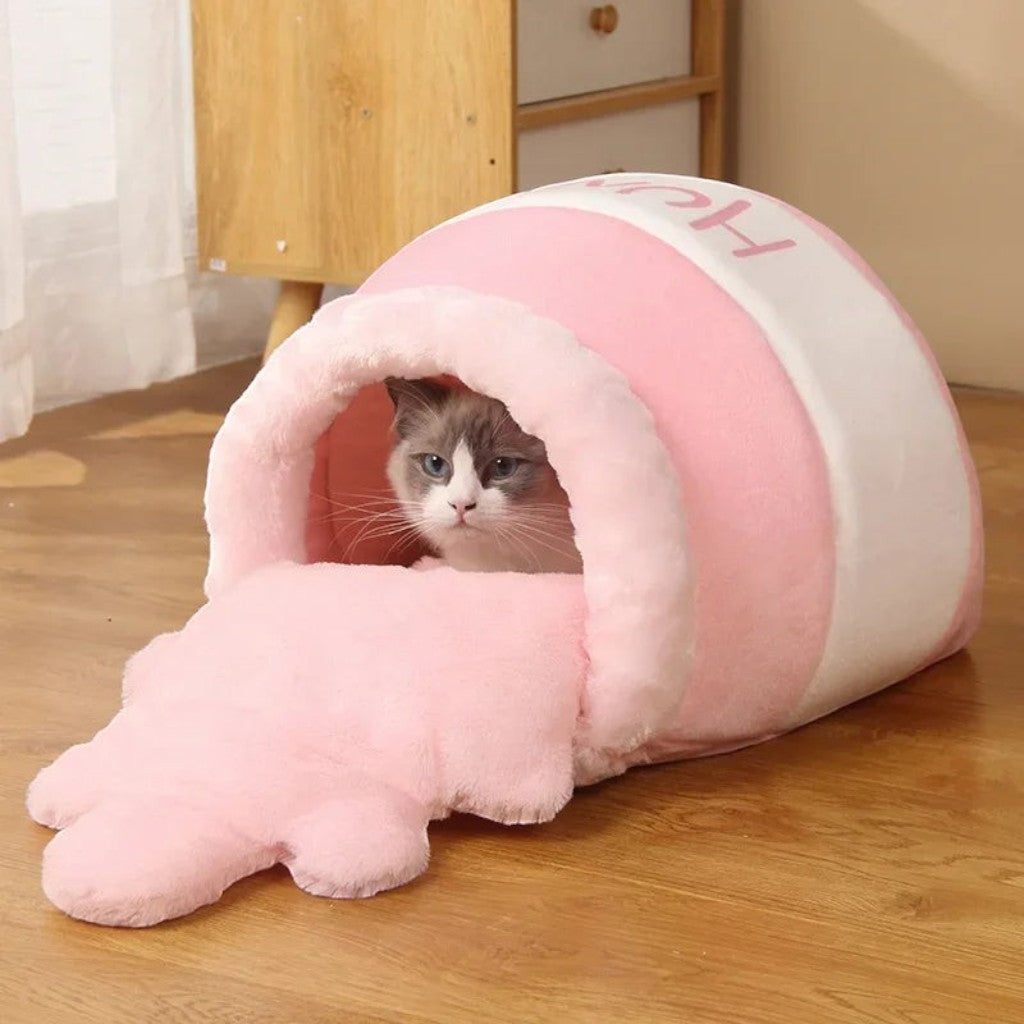Panier fermé pour chat Esprit Chat en tissu rose doux, forme igloo confortable avec tapis amovible pour le repos