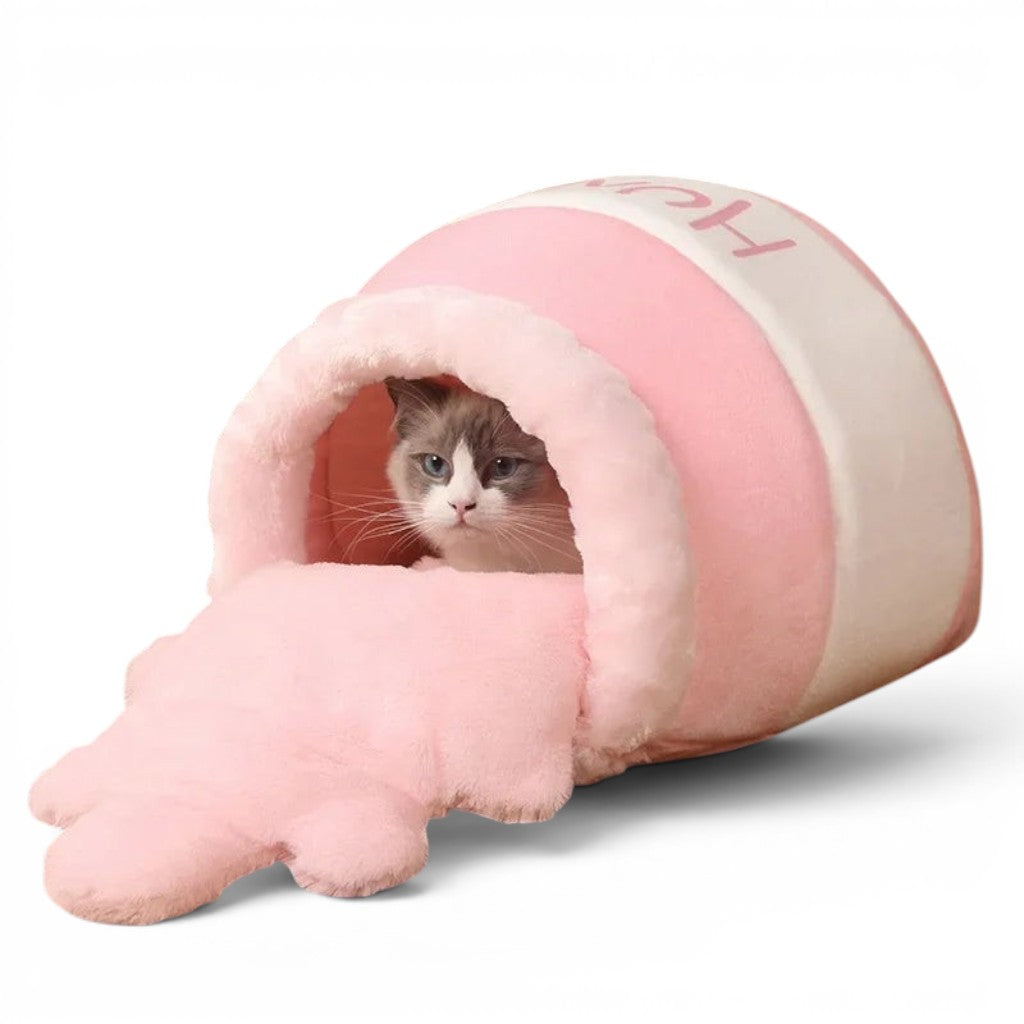 Panier fermé pour chat Esprit Chat en forme de tasse rose en tissu doux et confortable avec un chat à l'intérieur