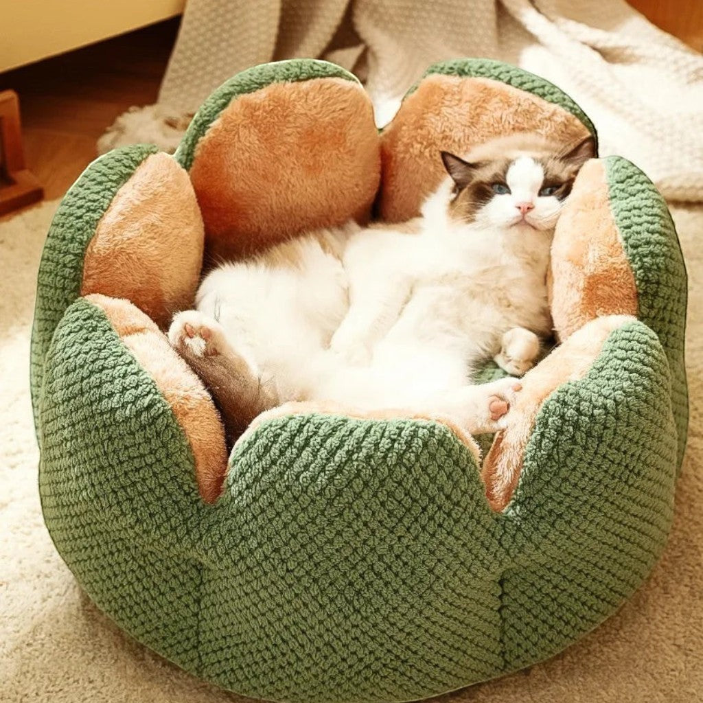 Panier pour chat Esprit Chat en forme de fleur vert et marron en polaire corail douce et confortable