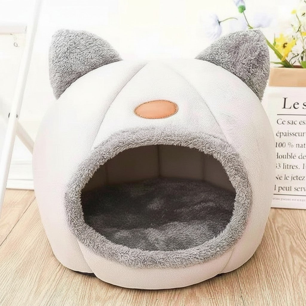 Panier grotte Esprit Chat en forme de tête de chat gris et blanc, doux et confortable avec coussin amovible