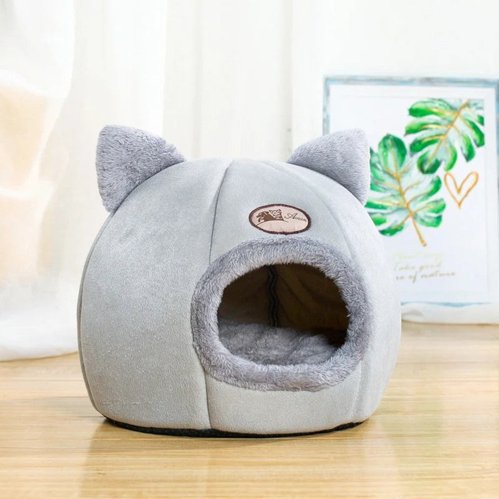 Panier grotte Esprit Chat gris en velboa doux avec oreilles de chat, coussin amovible et fond antidérapant
