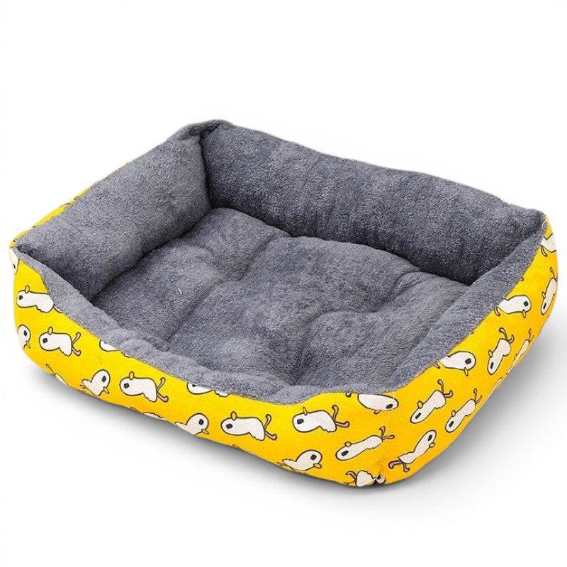 Panier Esprit Chat jaune avec motif de petits animaux, intérieur en peluche grise douce et confortable