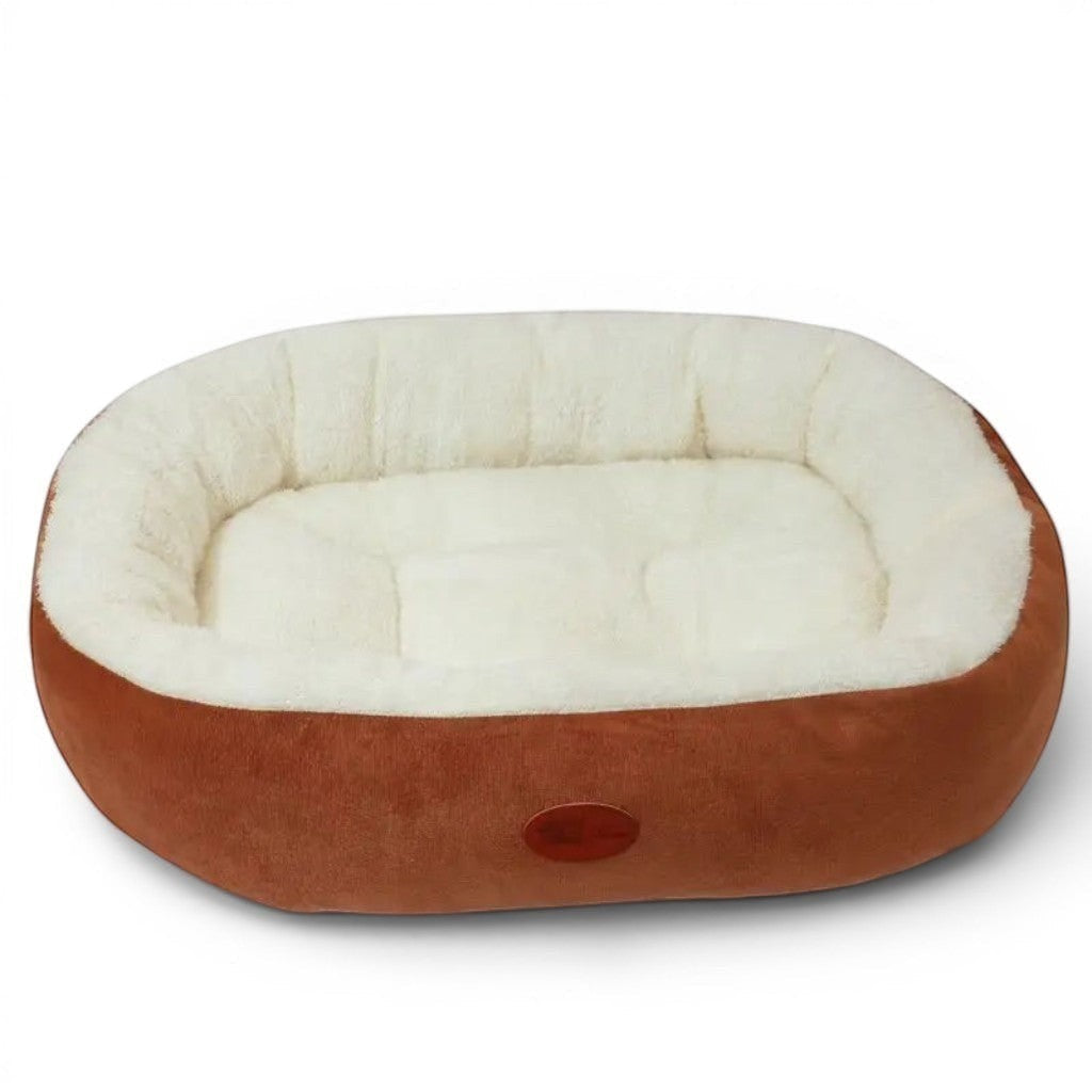 Panier pour chat Esprit Chat ovale en peluche douce marron et blanc pour un confort optimal