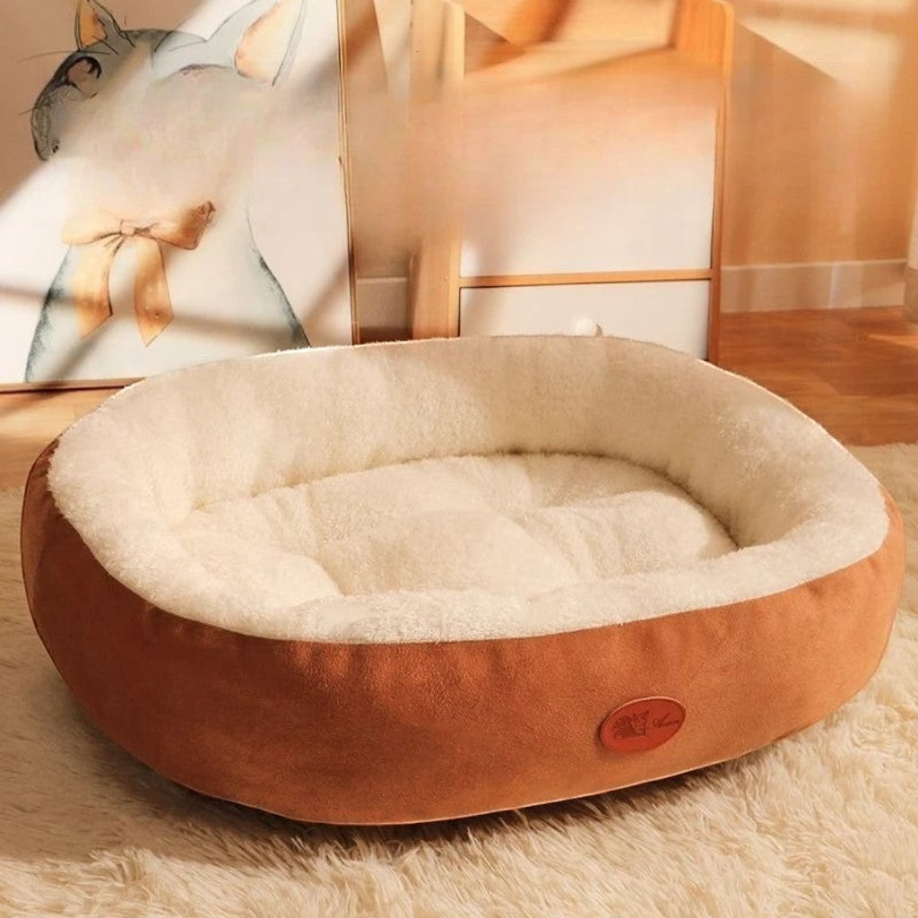 Panier Esprit Chat marron et beige en peluche douce pour chien ou chat avec rebords confortables