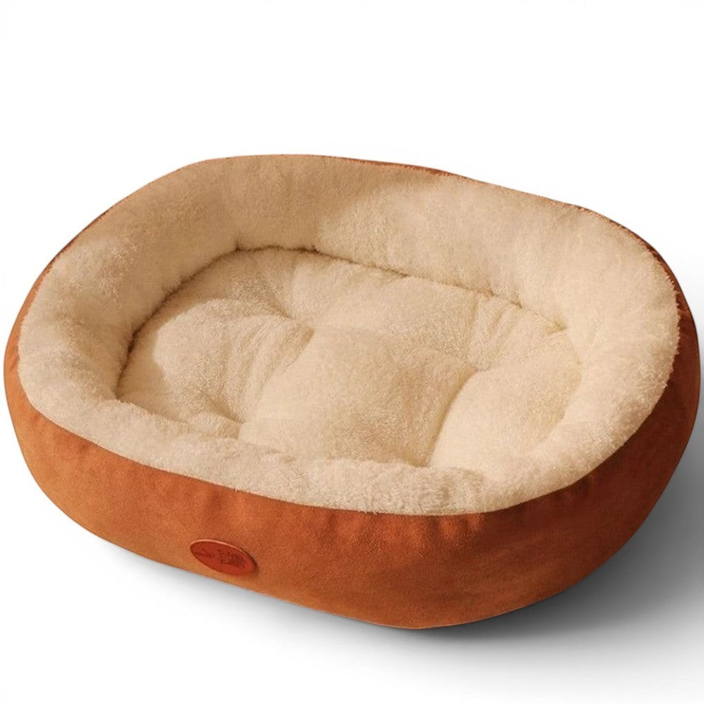 Panier pour chat Esprit Chat marron et beige en peluche douce avec rebords confortables