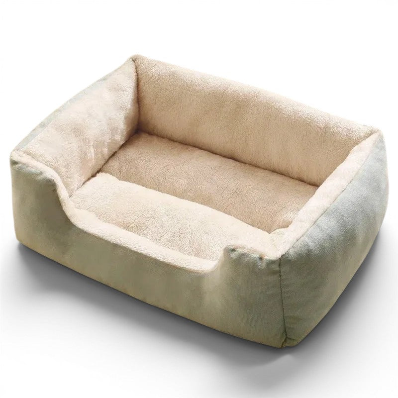 Panier Esprit Chat rectangulaire en peluche douce beige et vert pour le confort des chats