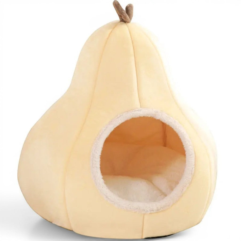 Panier pour chat Esprit Chat en forme de poire beige en peluche douce avec intérieur confortable