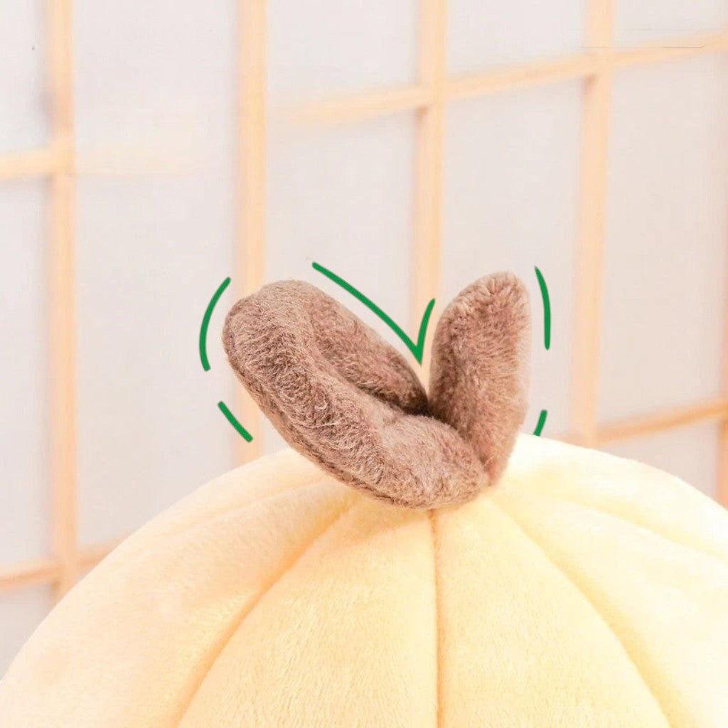 Détail de la tige en peluche marron sur le panier poire pour chat Esprit Chat en tissu doux jaune