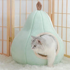 Panier pour chat Esprit Chat en forme de poire vert pastel en peluche douce avec un chat à l'intérieur