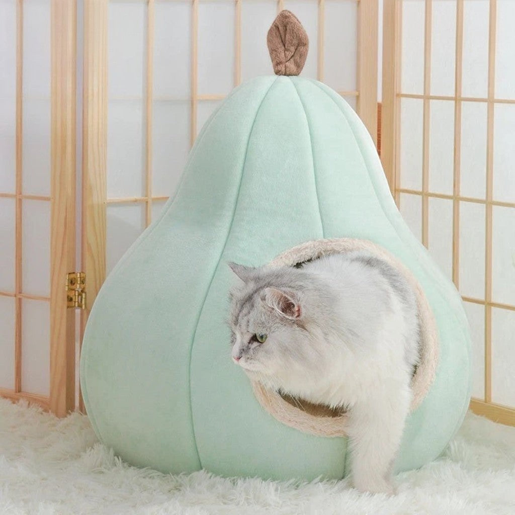 Panier pour chat Esprit Chat en forme de poire vert pastel en peluche douce avec un chat à l'intérieur