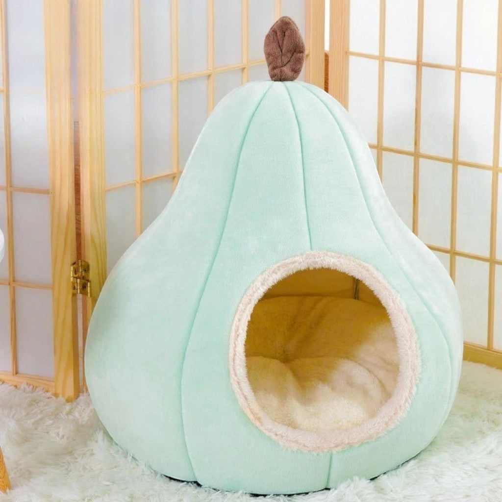 Panier pour chat Esprit Chat en forme de poire vert menthe, doux et confortable avec intérieur en peluche beige