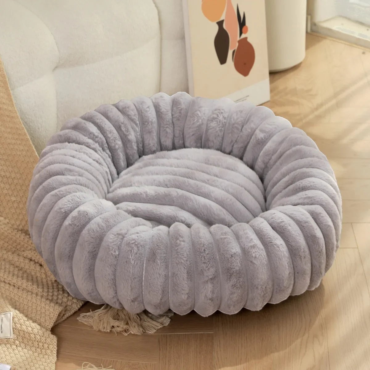 Panier rond Esprit Chat gris en peluche douce pour le confort et la chaleur des animaux de compagnie