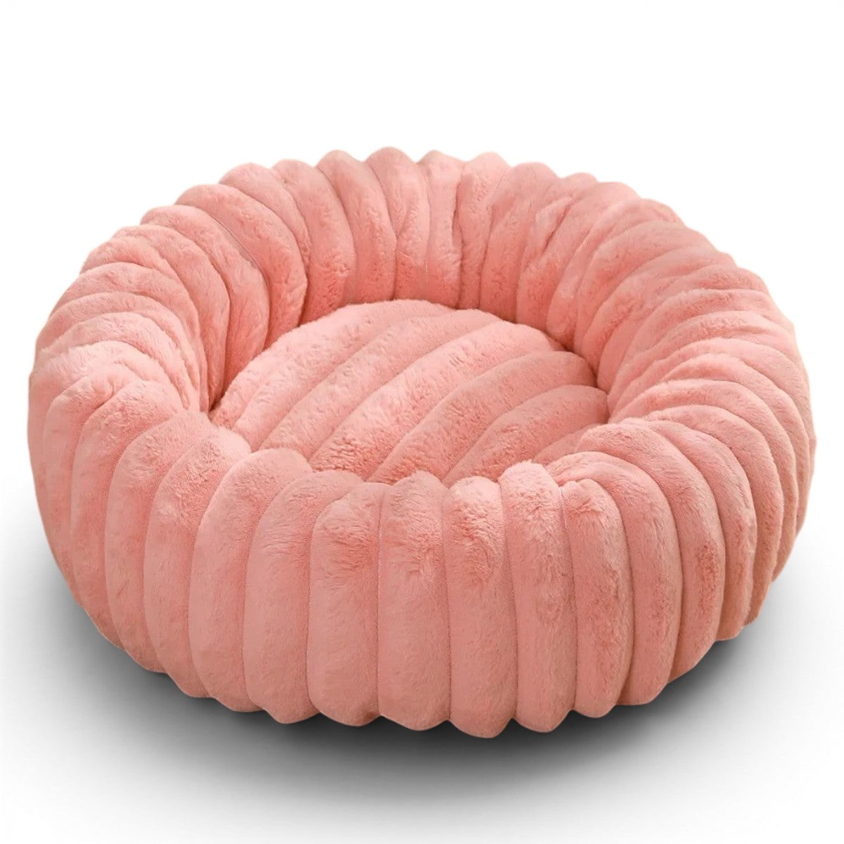 Panier rond Esprit Chat en peluche rose douce avec texture côtelée pour le confort des animaux