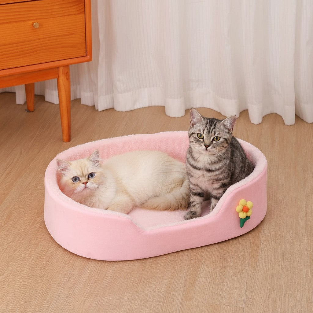 Panier pour chat rose Esprit Chat en coton doux avec rebords confortables et motif fleur pour deux chats