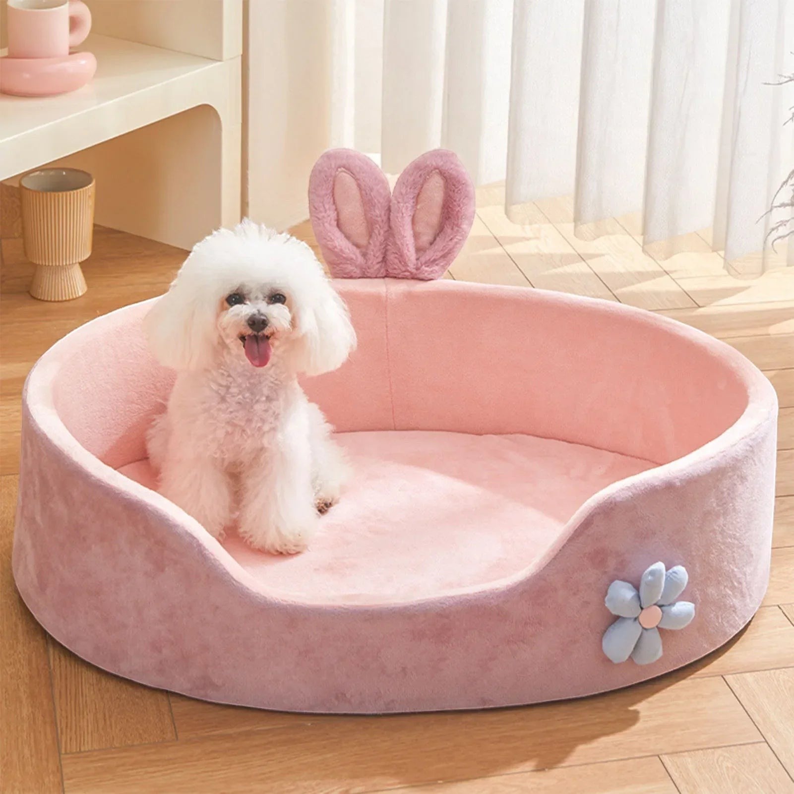 Panier pour chat Esprit Chat rose en tissu doux avec oreilles de lapin et fleur décorative, idéal pour petit chien.