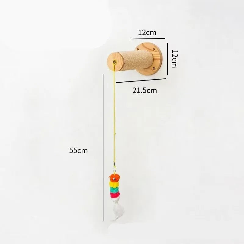 Perchoir mural Esprit Chat en bois avec poteau à griffer en sisal et jouet suspendu coloré pour chat