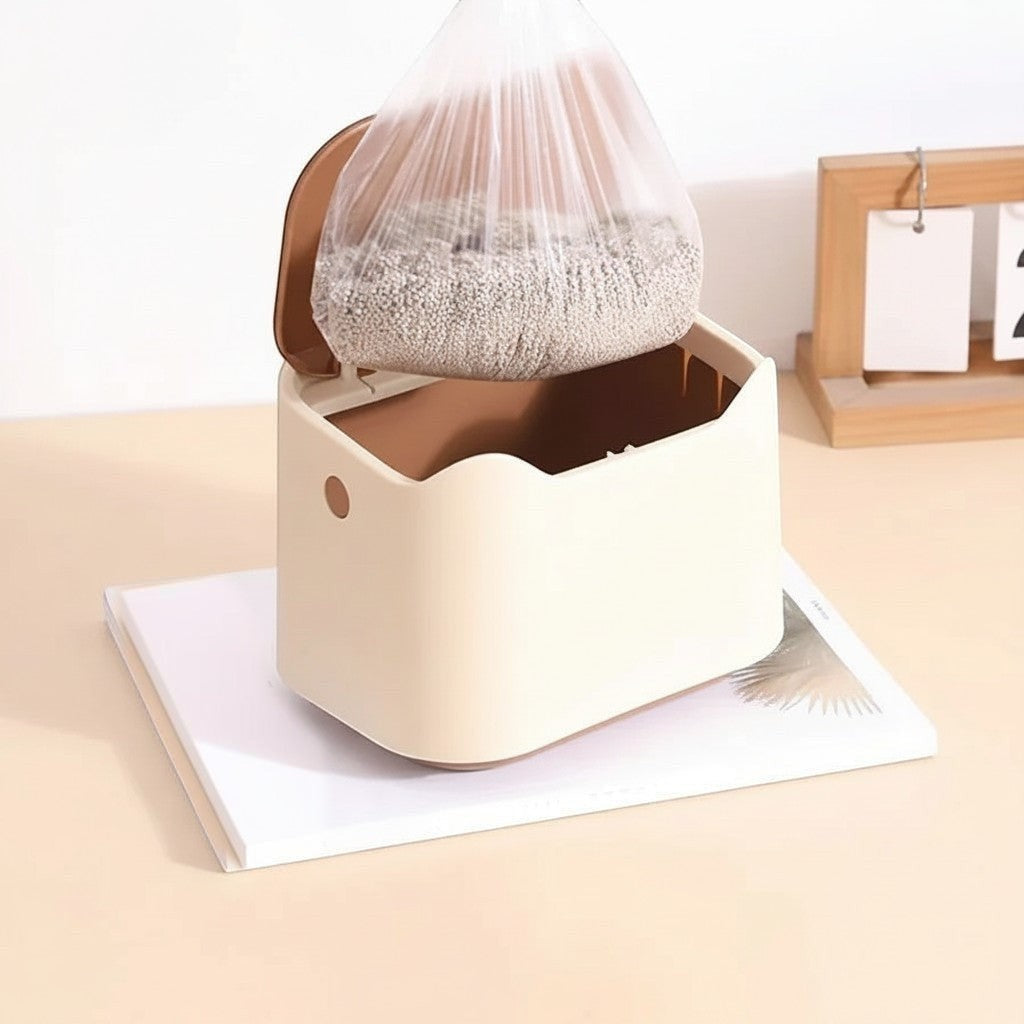 Petit bac à litière Esprit Chat beige en plastique avec couvercle à ressort pour le nettoyage des déchets de chat