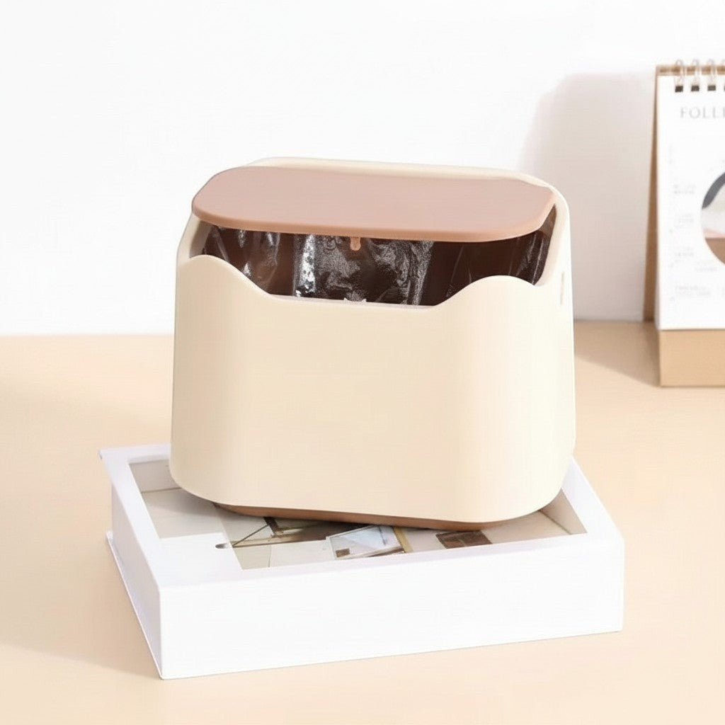 Petit bac à litière Esprit Chat beige et marron en plastique avec couvercle à ressort pour déchets de chat