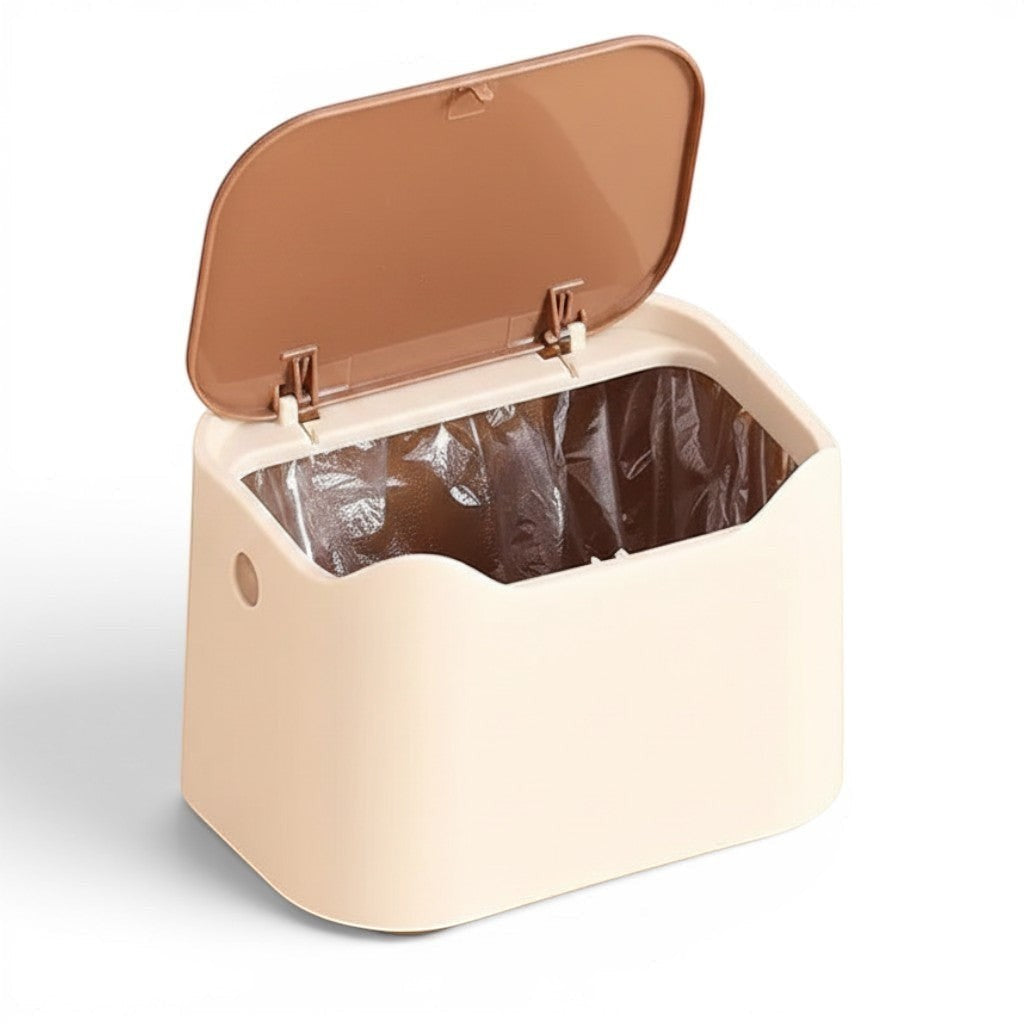 Petit bac à litière Esprit Chat beige avec couvercle marron à ouverture par ressort en plastique