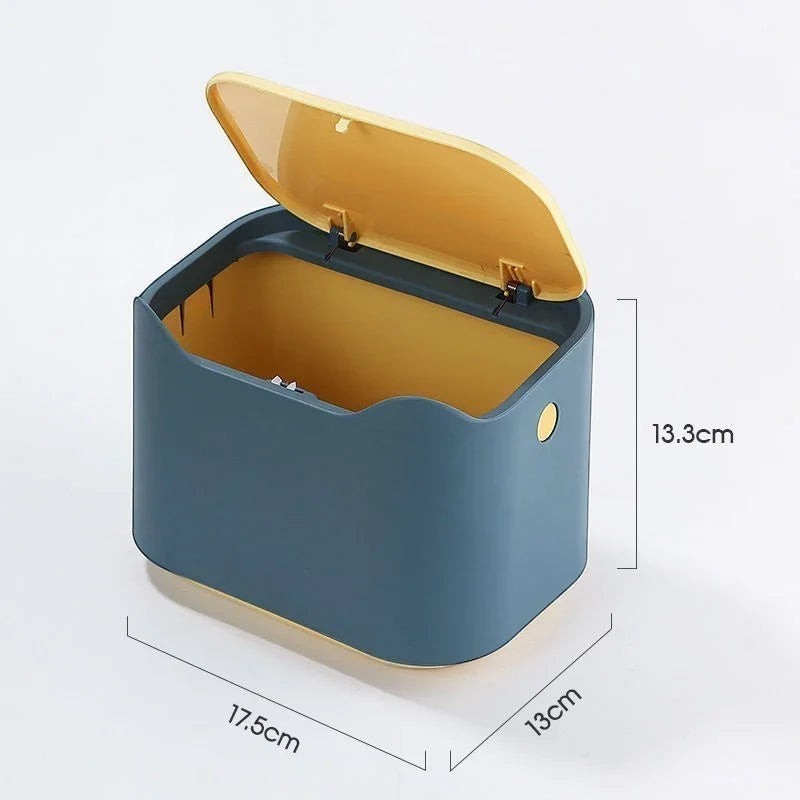 Petit bac à litière Esprit Chat en plastique bleu et jaune avec couvercle à bascule pour déchets de chat