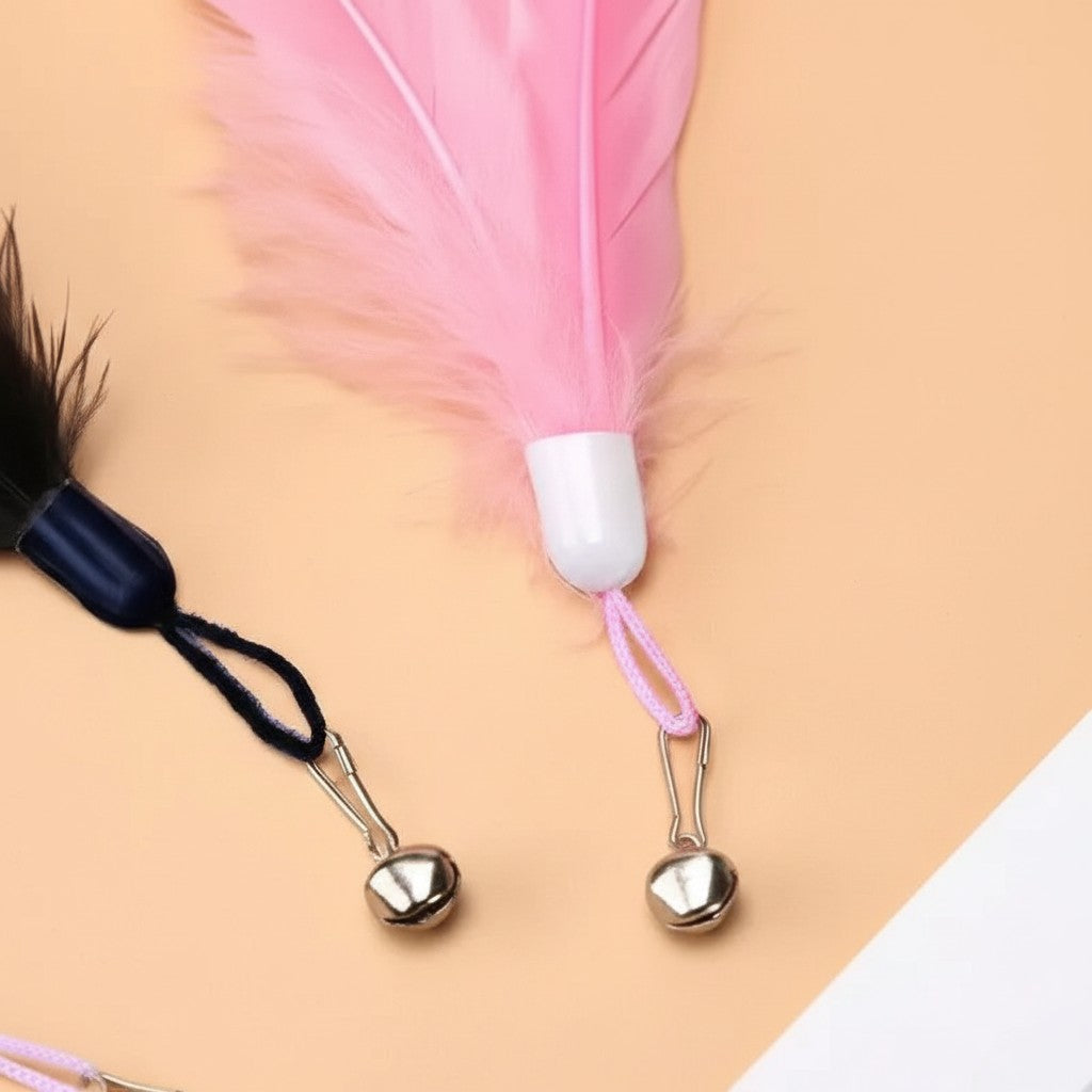 Plume de rechange Esprit Chat pour jouet interactif, avec grelot et attache, en plumes naturelles rose et noire