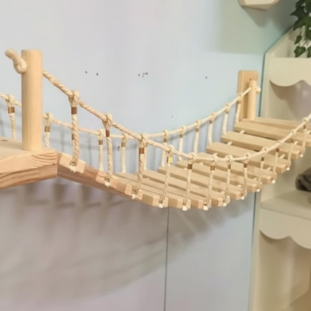 Pont suspendu en bois pour chat Esprit Chat fixé au mur avec des cordes de sécurité pour grimper