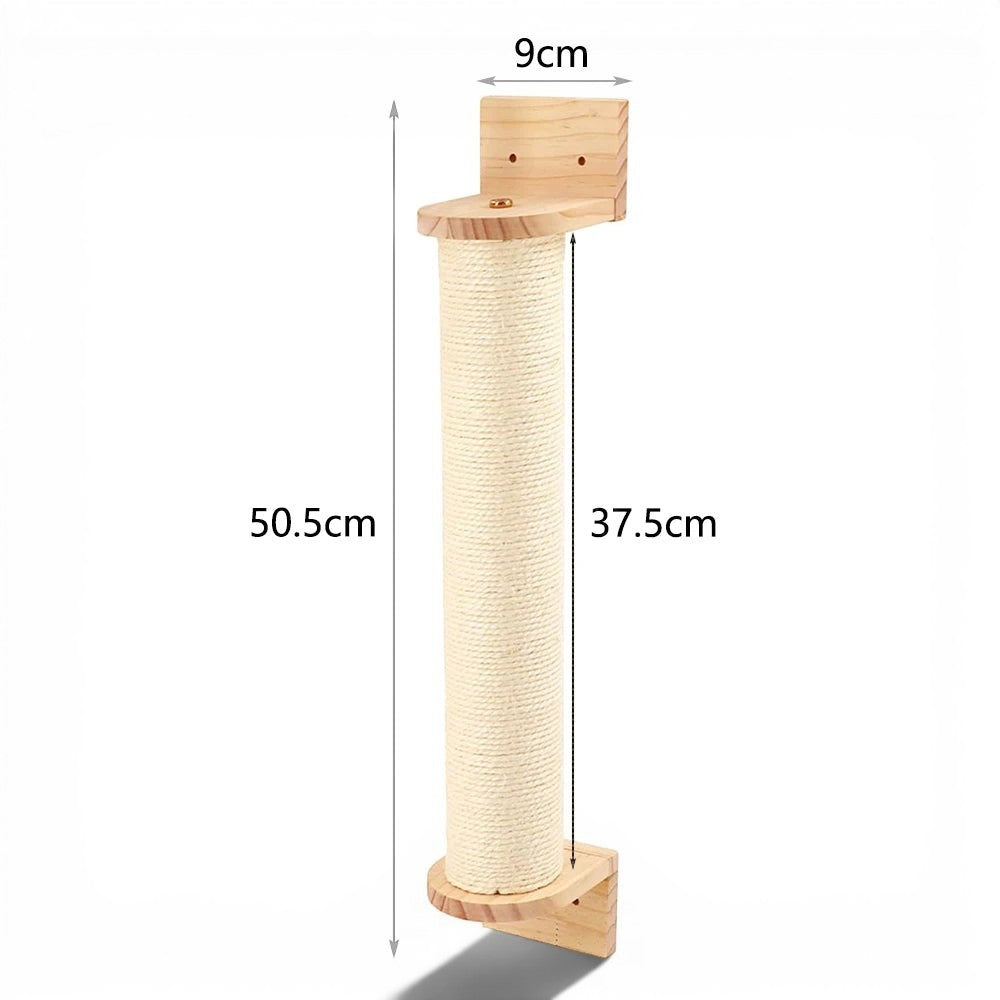 Poteau à griffer mural Esprit Chat en bois naturel avec corde en sisal pour chat, design vertical peu encombrant.