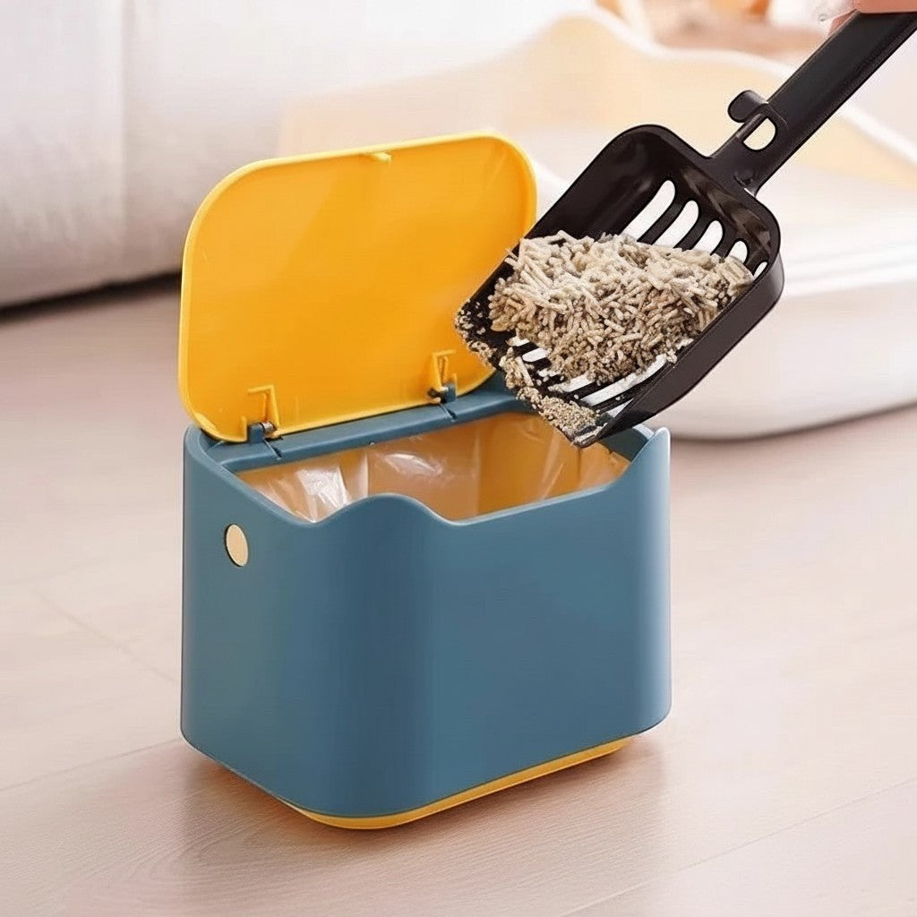 Poubelle Esprit Chat bleue et jaune avec couvercle pour litière de chat, incluant une pelle de nettoyage en plastique