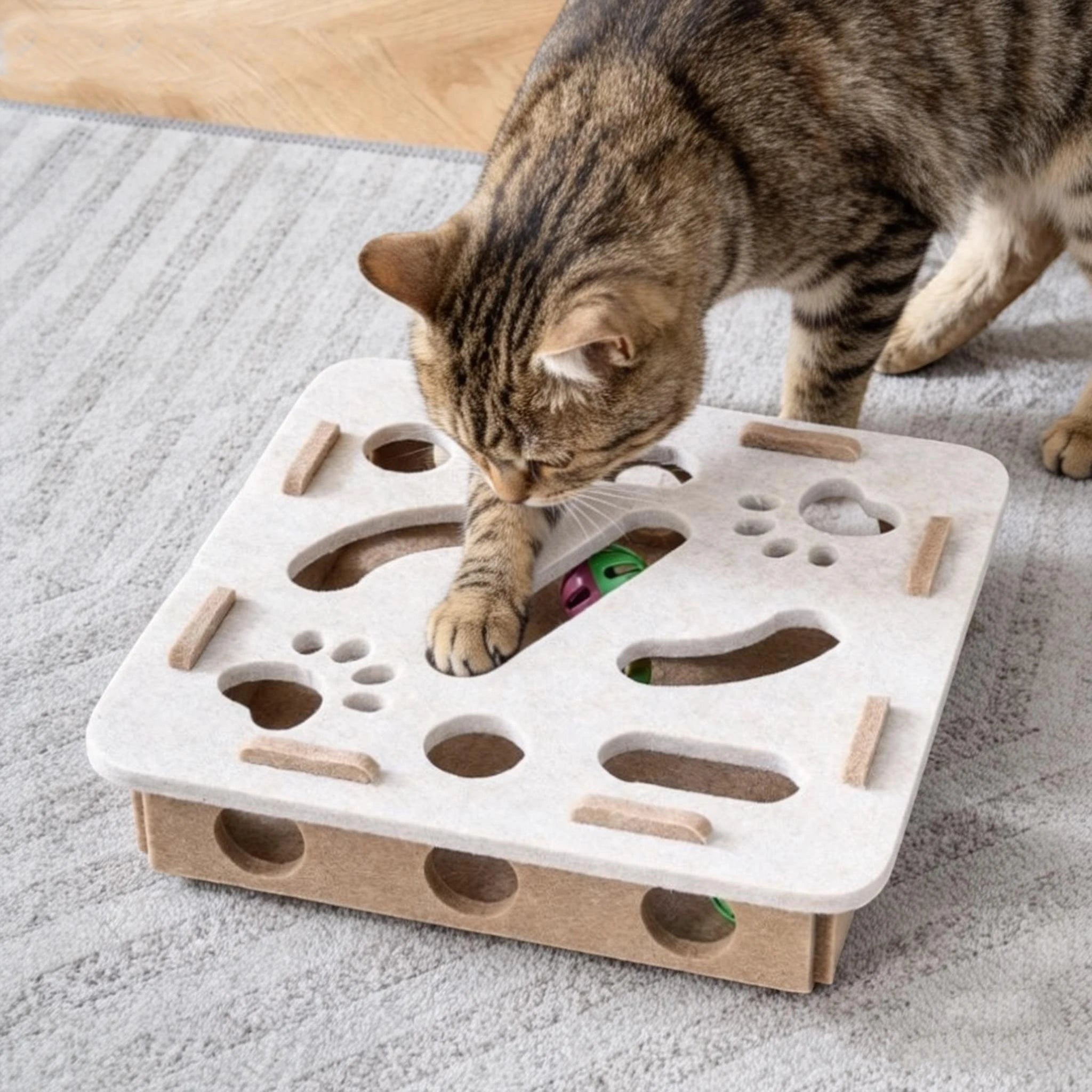 Chat jouant avec un puzzle interactif en feutre Esprit Chat, doté de trous et d'une balle à grelot pour stimuler l'instinct