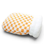 Maison sac pour chat Esprit Chat en peluche douce avec motif à carreaux orange et blanc pour le confort