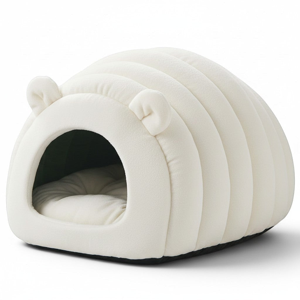 Sac de couchage Esprit Chat en velours côtelé blanc en forme d'igloo avec oreilles d'ours pour chat