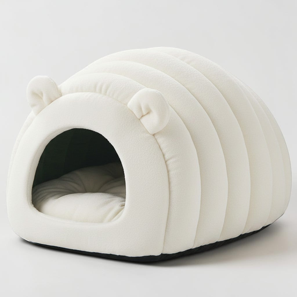 Sac de couchage Esprit Chat en velours côtelé blanc en forme d'igloo avec oreilles d'ours pour chat