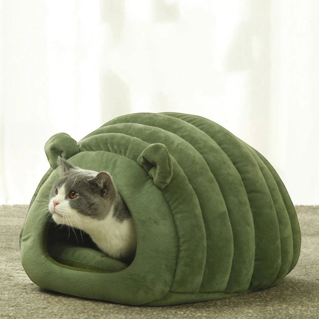 Sac de couchage Esprit Chat en velours côtelé vert en forme de grotte douillette pour chat