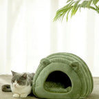Sac de couchage Esprit Chat en velours côtelé vert en forme de grotte douillette pour chat avec oreilles mignonnes