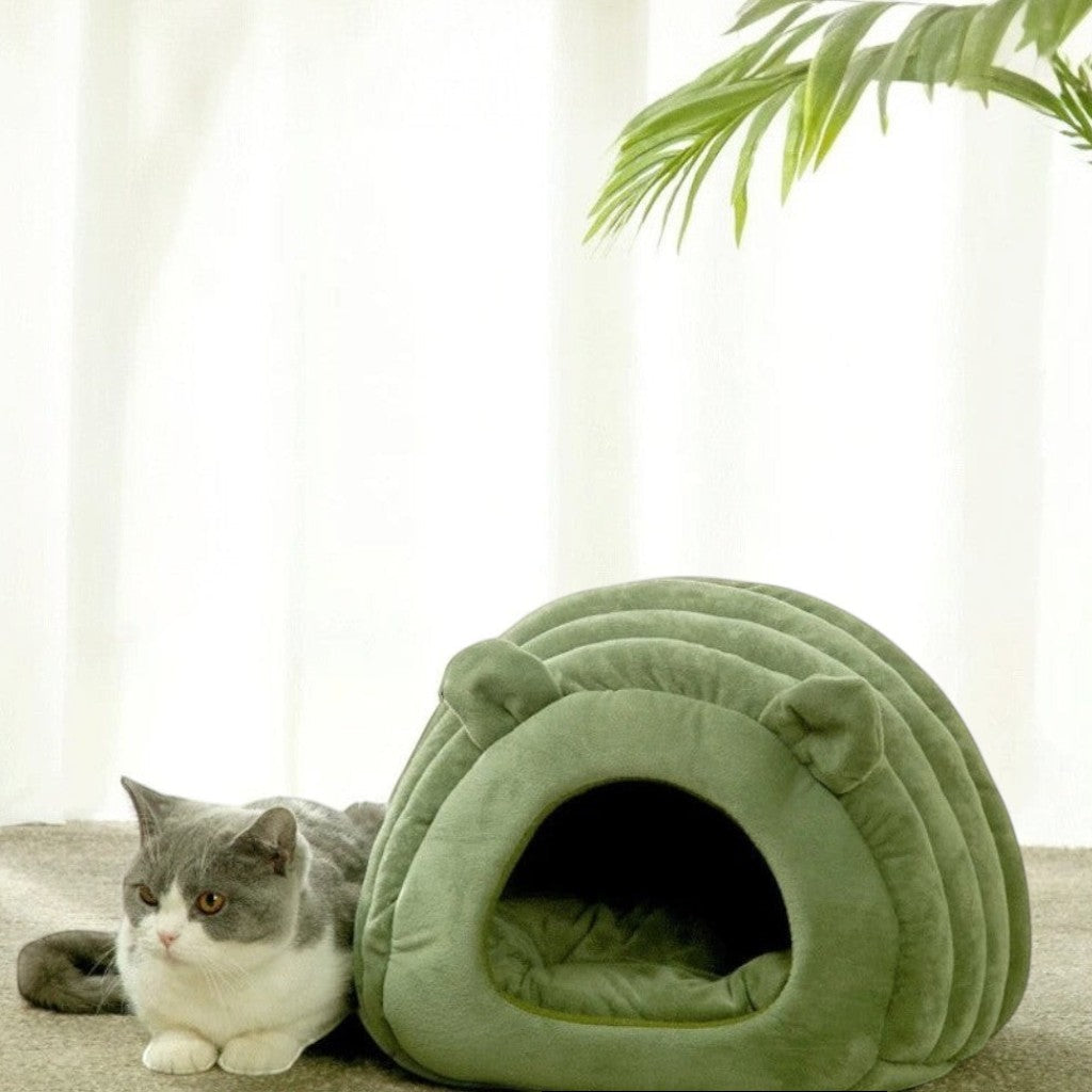 Sac de couchage Esprit Chat en velours côtelé vert en forme de grotte douillette pour chat avec oreilles mignonnes