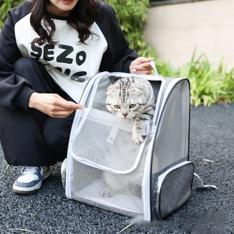 Sac à dos de transport gris Esprit Chat pour chat jusqu'à 6kg avec fenêtre en filet respirant et fermeture éclair